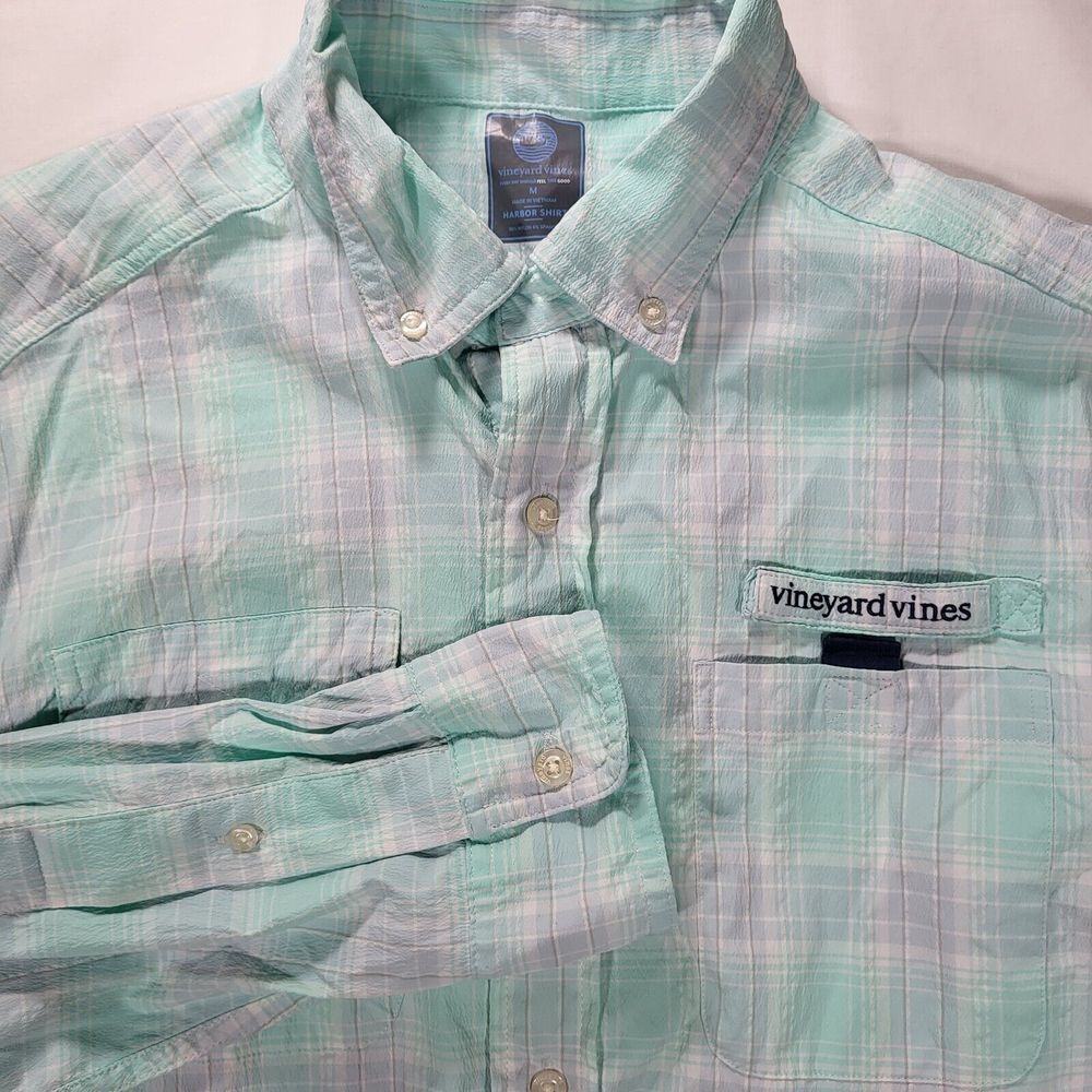 Vineyard Vines Harbor Men's Medium‎ Pastel Green Plaid Fishing Vented Shirt